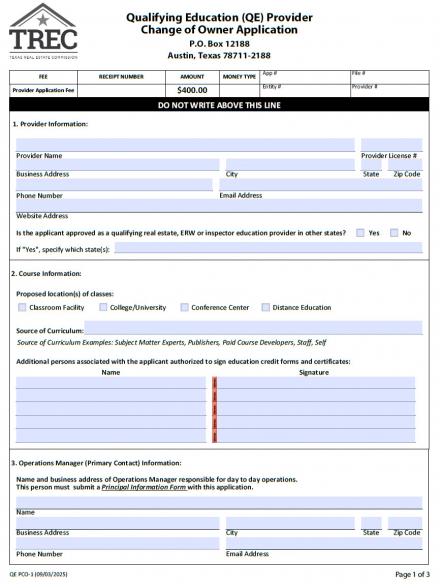 QE Provider Change of Owner Application